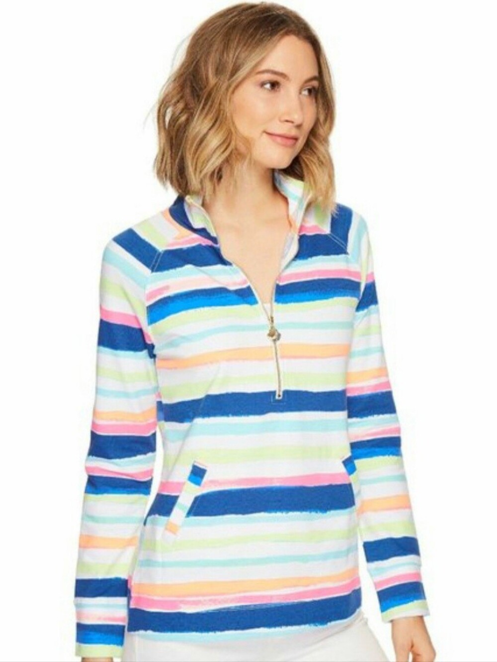 Lilly Pulitzer Striped Half-Zip Popover Top in Blue, Pink, Green, Peach Preppy